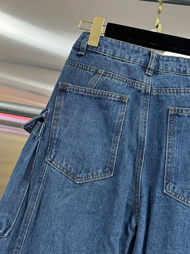 VGH Streetwear Loose Cargo Trousers for Women High Waist Spliced Pockets Washed Punk Style Wide Leg Pants Female Spring Clothes