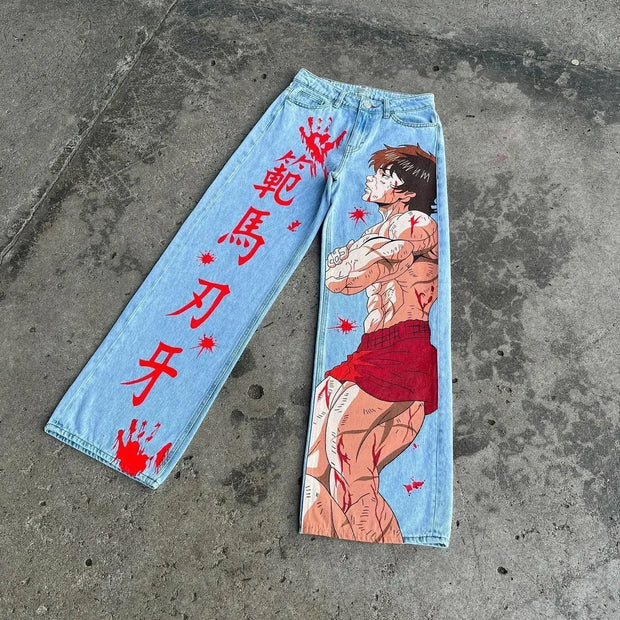 Harajuku Anime Graphic wide leg jeans High Waist Jeans Pants Women new Japanese Style Streetwear Y2K Jeans for Men Wide Trouser