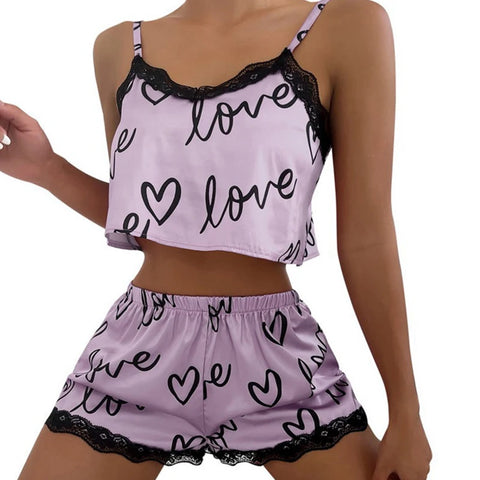 New Ladies Cute Sexy Printed Pajamas 2-Piece Spring/Summer Home Wear Fashion Lace Patchwork Suspenders Set