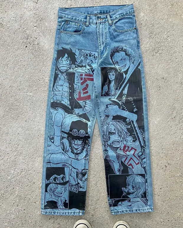 Harajuku Anime Graphic wide leg jeans High Waist Jeans Pants Women new Japanese Style Streetwear Y2K Jeans for Men Wide Trouser