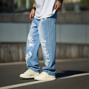 New Streetwear Men Fashion print Loose Jeans Trousers High Quality Men's Solid Casual Straight Denim Pants