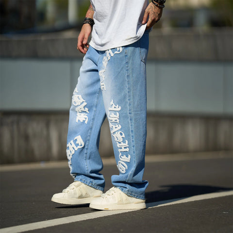 New Streetwear Men Fashion print Loose Jeans Trousers High Quality Men's Solid Casual Straight Denim Pants