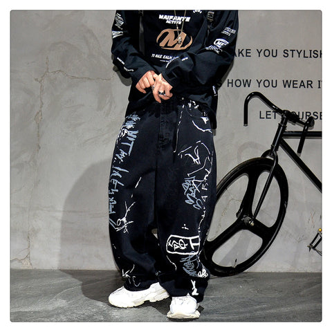American Hip Hop Baggy Jeans Mens Clothing Streetwear Paint Graffiti Black Skateboard Street Dance Pants Kpop Denim Trousers