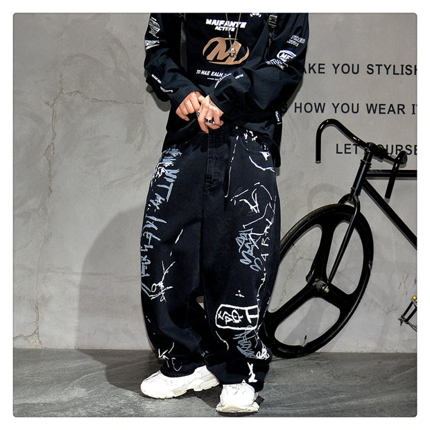 American Hip Hop Baggy Jeans Mens Clothing Streetwear Paint Graffiti Black Skateboard Street Dance Pants Kpop Denim Trousers