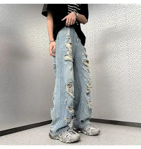 Vintage Distressed Straight-leg Jeans American Style Slimming Bell Bottoms Loose Fit High-waisted Summer Thin Version For Men