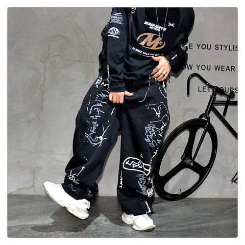 American Hip Hop Baggy Jeans Mens Clothing Streetwear Paint Graffiti Black Skateboard Street Dance Pants Kpop Denim Trousers
