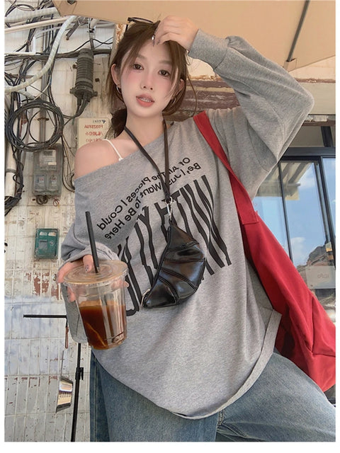 T-Shirts Women Off-shoulder Loose Fit Lazy Style All-match Young Students High Street Korean Fashion Spring Daily Tops Trendy