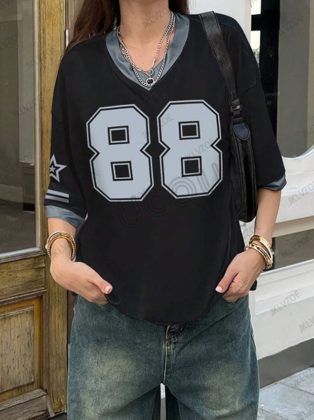 Oversized T-shirt For Women V-Neck Short Sleeve 2025 Summer Black 88 Print Streetwear Sports Tees Casual Football Jersey Y2k Top