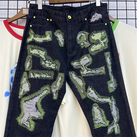 Letter Embroidery Jeans for Men High Street Gothic Style Streetwear Men Straight Baggy Causal Denim Trousers Unisex Spring