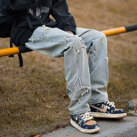 Hip Hop High Street Baggy Denim Trousers 2025 Men Star Embroidery Straight Casual Jeans Male New Fashion Straight Wide Leg Jeans