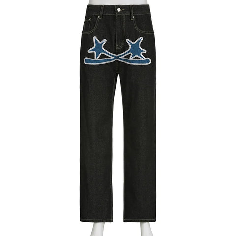 Black Baggy Jeans Women Straight Leg Printed Y2k Pants Female's Harajuku Autumn Clothing