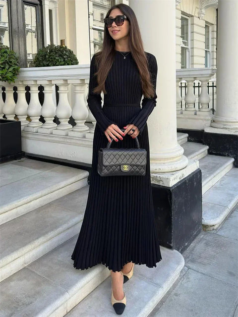 Tossy Lace-Up Female Knit Maxi Dress Autumn High Waist Fashion Patchwork Long Sleeve Loose Solid Dress Bandage Knitwear Dress