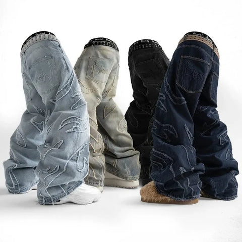 Y2K High Quality Vintage Jeans American Fashion Harajuku Flame Embroidery High Waist Wide Leg Jeans Men Women Hip Hop Streetwear