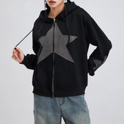 Winter Casual Hooded Coat Women Long Sleeve Star Print Zip Up Drawstring Hoodie Gothic Loose Outwear