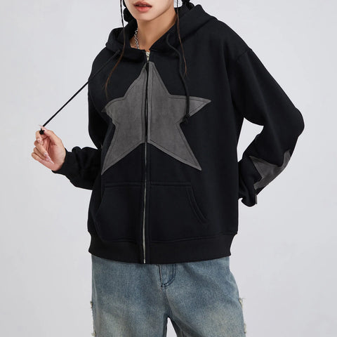 Winter Casual Hooded Coat Women Long Sleeve Star Print Zip Up Drawstring Hoodie Gothic Loose Outwear