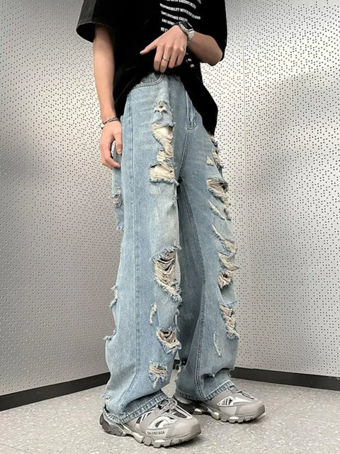 Vintage Distressed Straight-leg Jeans American Style Slimming Bell Bottoms Loose Fit High-waisted Summer Thin Version For Men