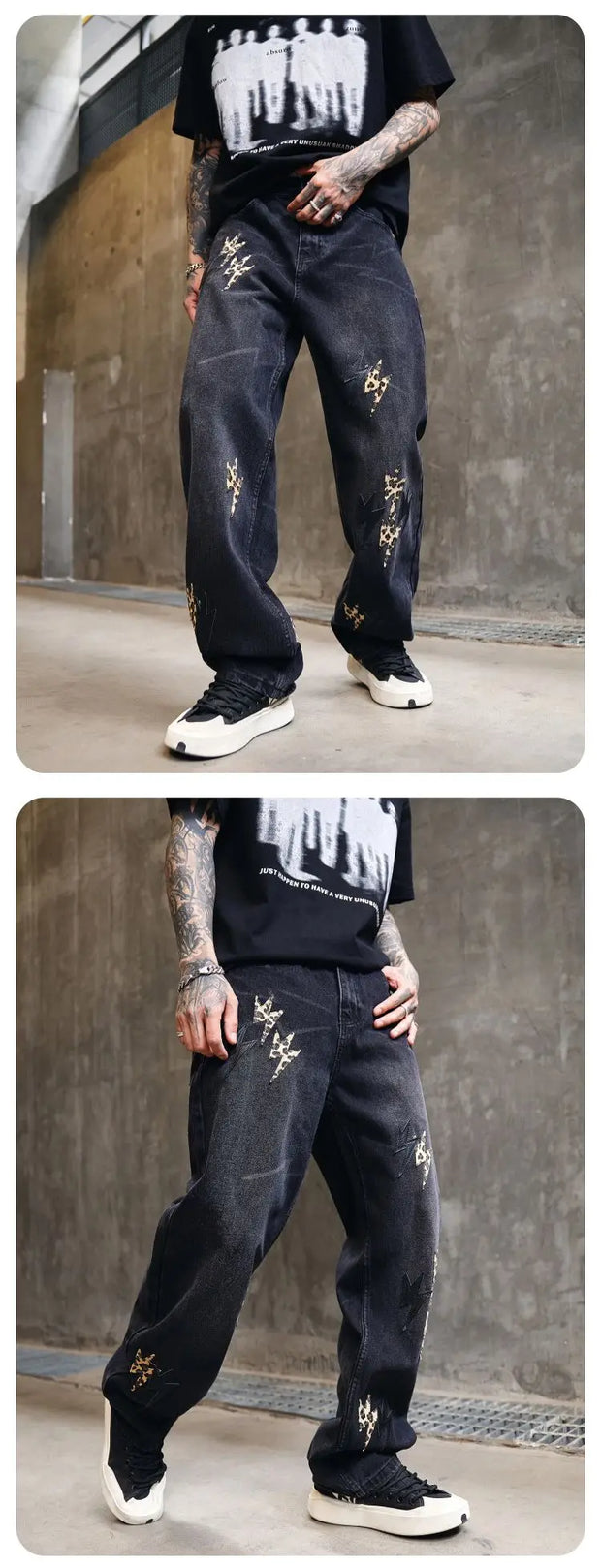 Trousers Straight Man Cowboy Pants with Print Men's Jeans Hip Hop Star Cotton 2025 Trend Stacked 90s Streetwear Y2k Vintage Kpop