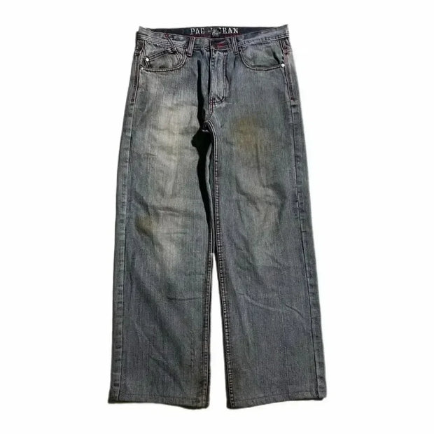 Y2K Washed Distressed Black Gray Jeans Men Women Harajuku Vintage Skull Graphic Embroidered Jeans Streetwear High Waist Trousers