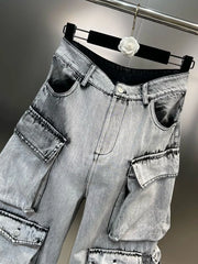 DEAT Fashion Gradient Multiple Pockets Design Jeans Women's Single Button High Waist Denim Pants 2025 Spring Female New 11XX4925