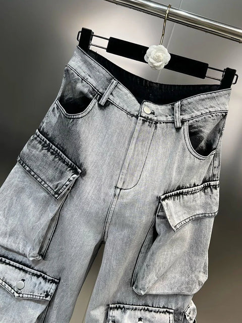 DEAT Fashion Gradient Multiple Pockets Design Jeans Women's Single Button High Waist Denim Pants 2025 Spring Female New 11XX4925