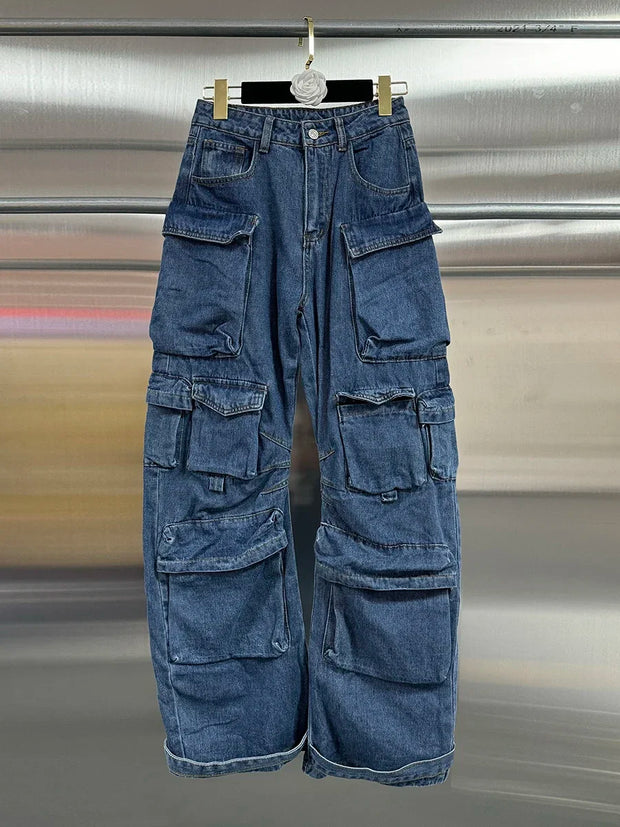 VGH Streetwear Loose Cargo Trousers for Women High Waist Spliced Pockets Washed Punk Style Wide Leg Pants Female Spring Clothes