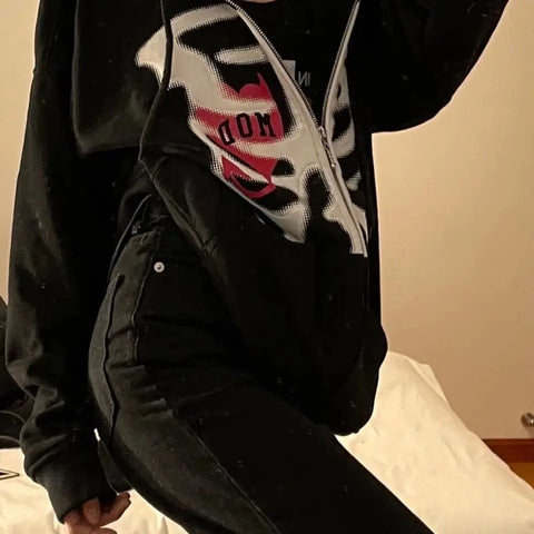 Y2K Rhinestone Cobweb Zip Up Oversized Sweatshirt 2022 Autumn Goth Hoodie Men Women Grunge Hooded Jacket Streetwear Y2K Clothing