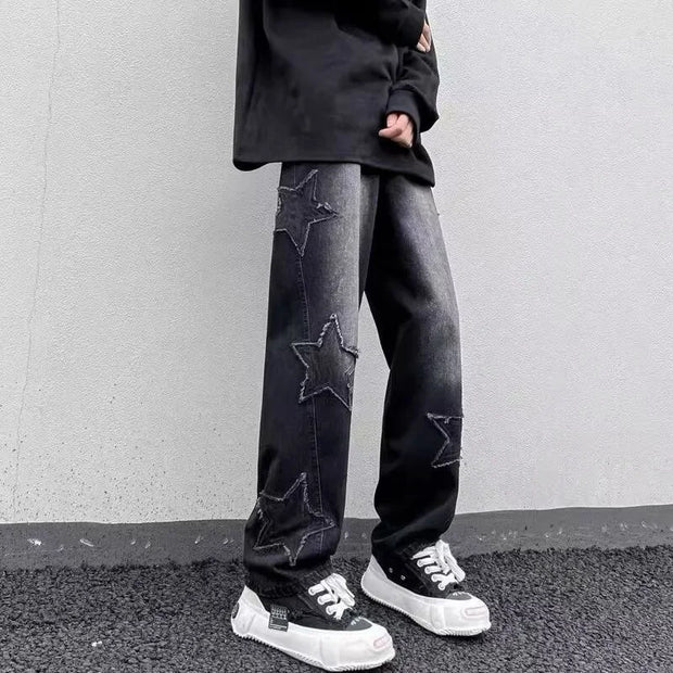 Hip Hop High Street Baggy Denim Trousers 2025 Men Star Embroidery Straight Casual Jeans Male New Fashion Straight Wide Leg Jeans
