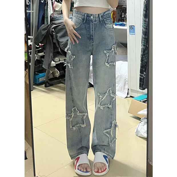 Blue Embroidered Jeans Women, Spring and Autumn New Design, Niche Loose Straight Wide-Leg Pants Trend