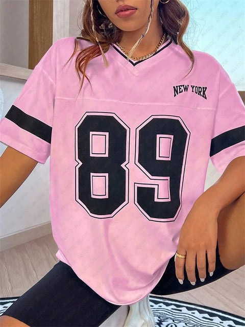 New York Number 89 TShirt For Men Women Striped V-Neck Tee Summer Oversized Harajuku Trend Short Sleeve Streetwear Tops Unisex