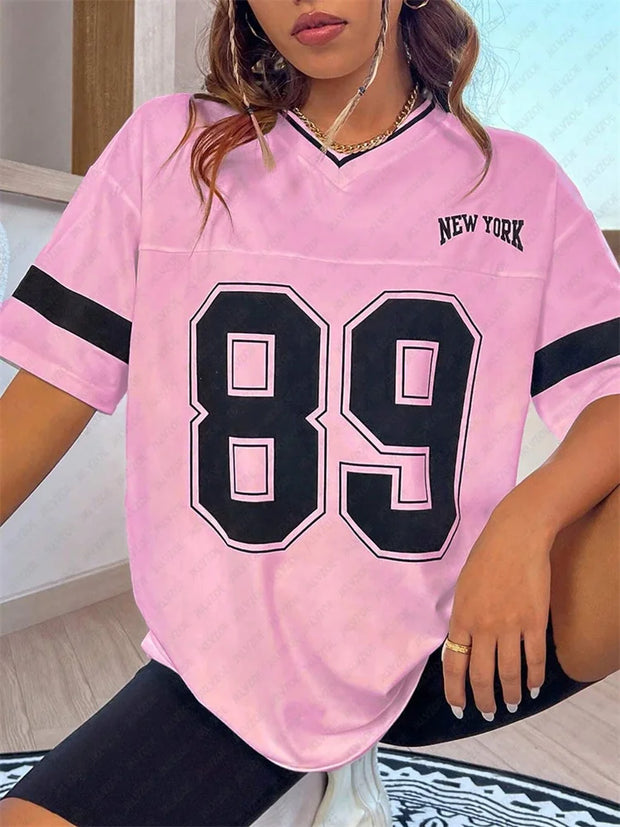 New York Number 89 TShirt For Men Women Striped V-Neck Tee Summer Oversized Harajuku Trend Short Sleeve Streetwear Tops Unisex