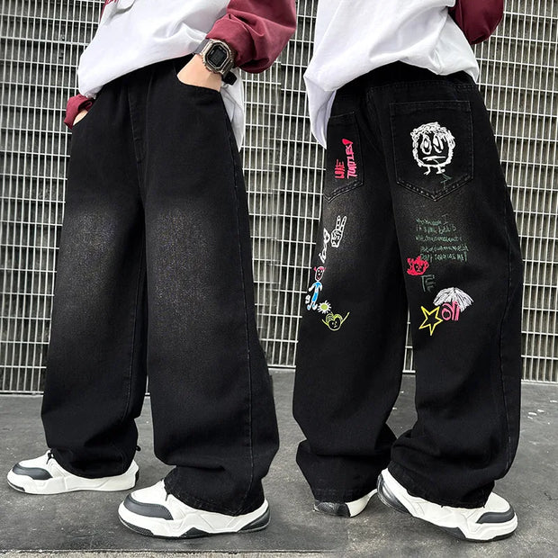 Boys Black Print Jeans Spring/Autumn Kids Wide Leg Pants Washed Denim Straight Pants Teen Children Pants 6 8 10 12 14 Years Old