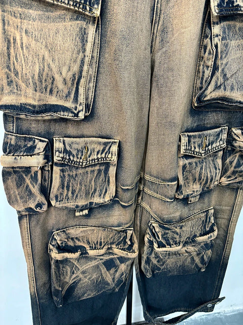 DEAT Fashion Gradient Multiple Pockets Design Jeans Women's Single Button High Waist Denim Pants 2025 Spring Female New 11XX4925