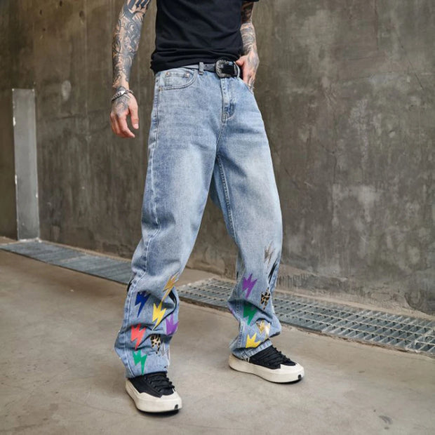 Trousers Straight Man Cowboy Pants with Print Men's Jeans Hip Hop Star Cotton 2025 Trend Stacked 90s Streetwear Y2k Vintage Kpop