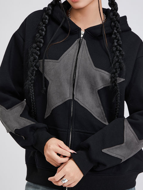 Winter Casual Hooded Coat Women Long Sleeve Star Print Zip Up Drawstring Hoodie Gothic Loose Outwear