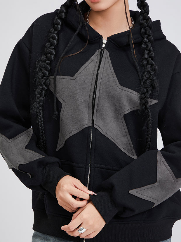 Winter Casual Hooded Coat Women Long Sleeve Star Print Zip Up Drawstring Hoodie Gothic Loose Outwear