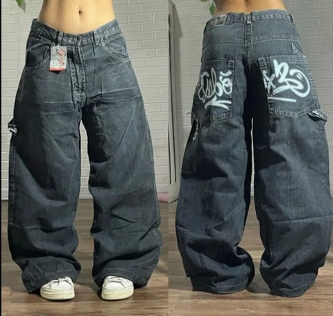 2024 New American Harajuku Vintage Print Jeans Y2K Women Washed Gray Straight Pants Street Gothic Loose Unisex Trousers Tide