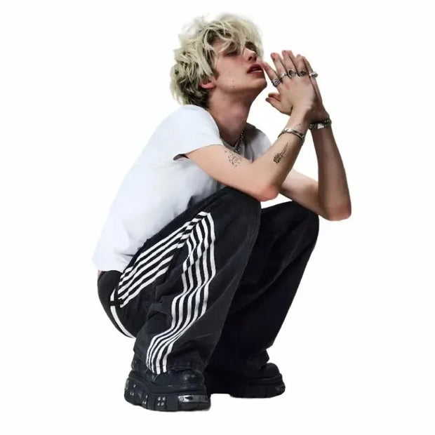 American Harajuku Style Baggy Jeans Y2K Streetwear Striped Denim Pant Men Women Casual Wide Leg Trousers Trendy High Street Pant