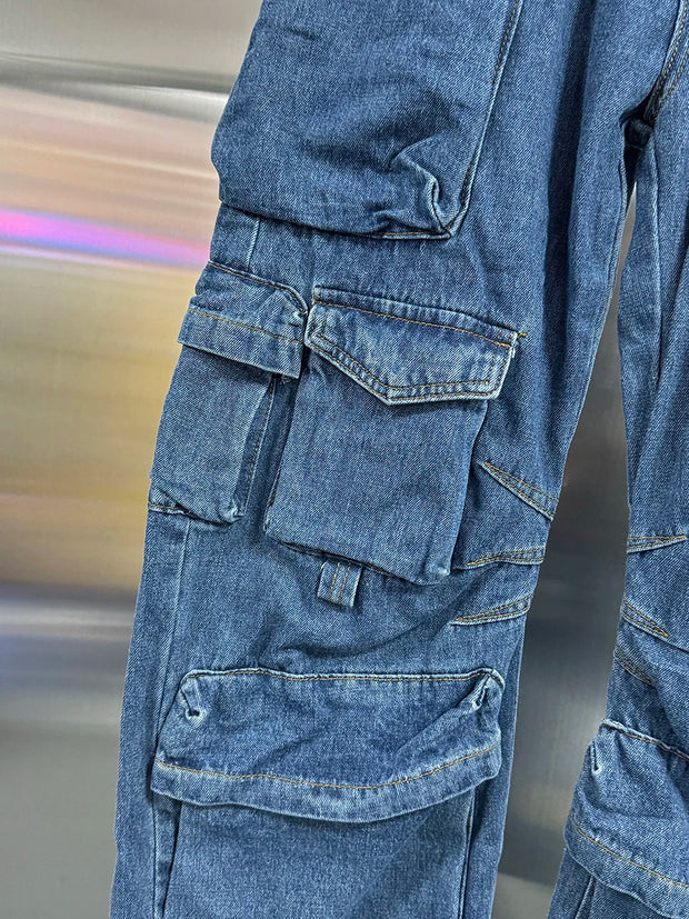 VGH Streetwear Loose Cargo Trousers for Women High Waist Spliced Pockets Washed Punk Style Wide Leg Pants Female Spring Clothes