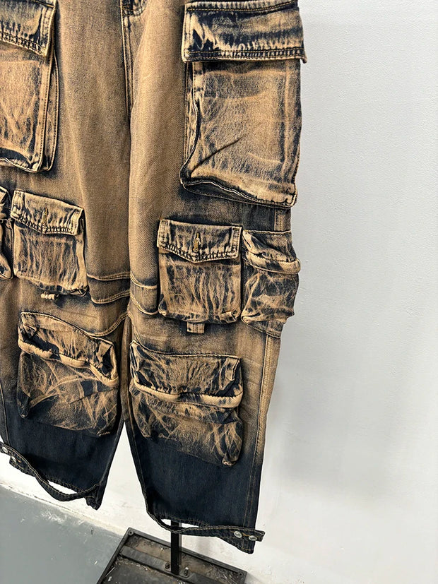 DEAT Fashion Gradient Multiple Pockets Design Jeans Women's Single Button High Waist Denim Pants 2025 Spring Female New 11XX4925