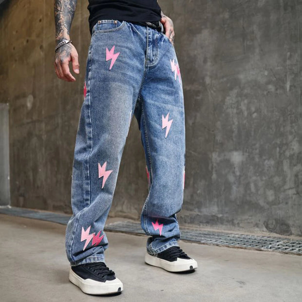 Trousers Straight Man Cowboy Pants with Print Men's Jeans Hip Hop Star Cotton 2025 Trend Stacked 90s Streetwear Y2k Vintage Kpop