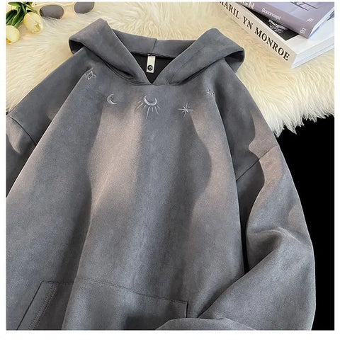 Men's hooded sweatshirt, oversized baggy sweater with Gothic star logo, American hip hop fashion sweatshirt, gray, winter