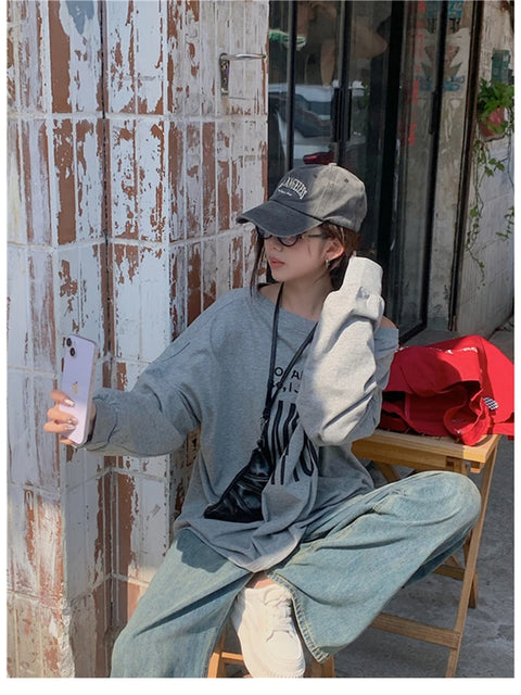 T-Shirts Women Off-shoulder Loose Fit Lazy Style All-match Young Students High Street Korean Fashion Spring Daily Tops Trendy