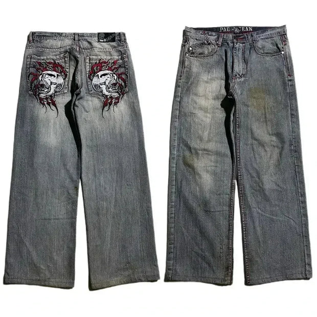 Y2K Washed Distressed Black Gray Jeans Men Women Harajuku Vintage Skull Graphic Embroidered Jeans Streetwear High Waist Trousers