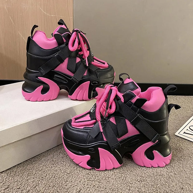 Pink Platform Sneakers Women Thick Sole Korean Chunky Sneakers 2025 Fashion Dad Shoes Woman Spring Height Increasing Sneakers