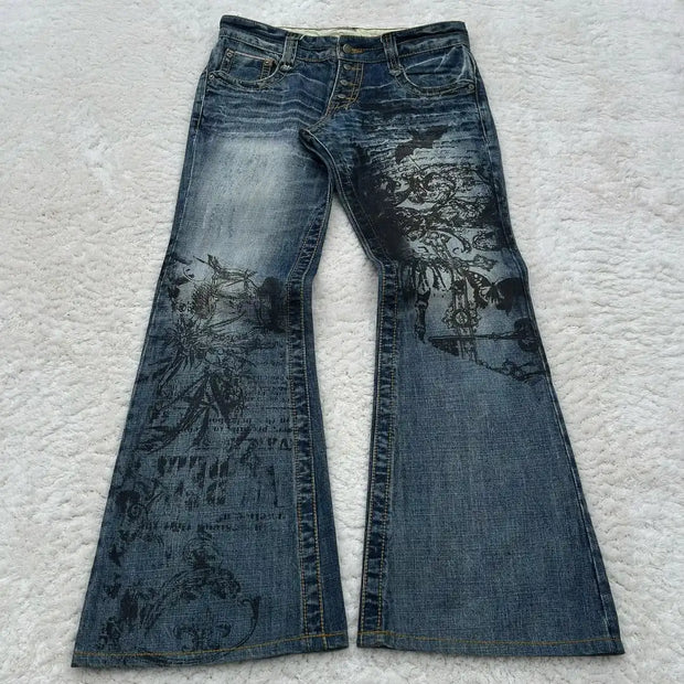 Harajuku Retro Graffiti Women's Jeans Goth Hip Hop High Waist Punk Fashion Y2K Flare Pants High Quality Design Sense Trousers
