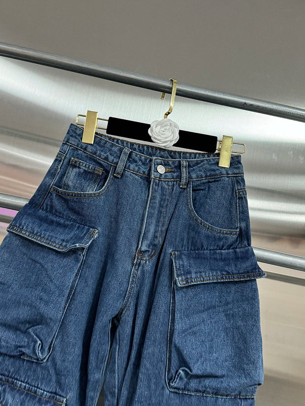 VGH Streetwear Loose Cargo Trousers for Women High Waist Spliced Pockets Washed Punk Style Wide Leg Pants Female Spring Clothes
