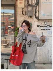 T-Shirts Women Off-shoulder Loose Fit Lazy Style All-match Young Students High Street Korean Fashion Spring Daily Tops Trendy