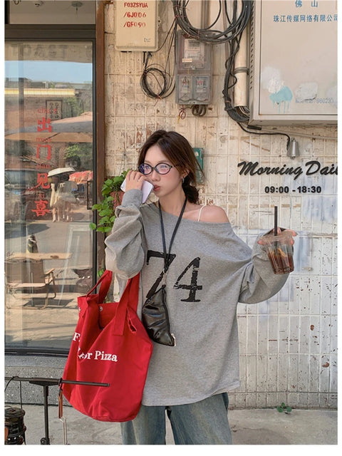 T-Shirts Women Off-shoulder Loose Fit Lazy Style All-match Young Students High Street Korean Fashion Spring Daily Tops Trendy