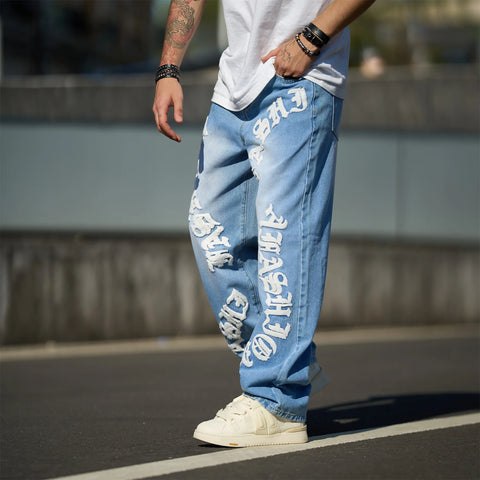 New Streetwear Men Fashion print Loose Jeans Trousers High Quality Men's Solid Casual Straight Denim Pants