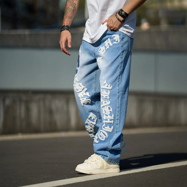 New Streetwear Men Fashion print Loose Jeans Trousers High Quality Men's Solid Casual Straight Denim Pants
